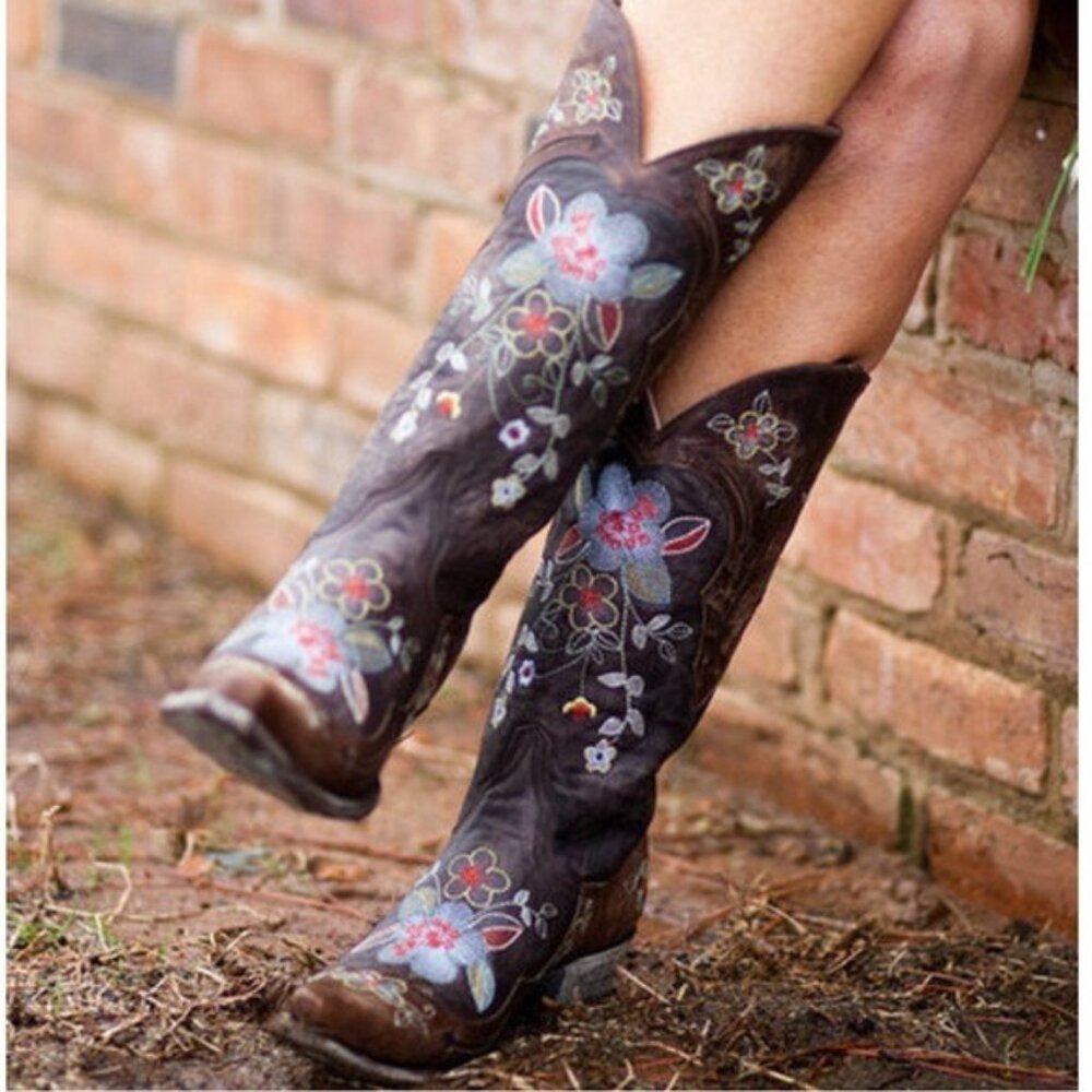 Old Gringo Brown Leather Knee-High Boots with Multicolor Floral Embroidery